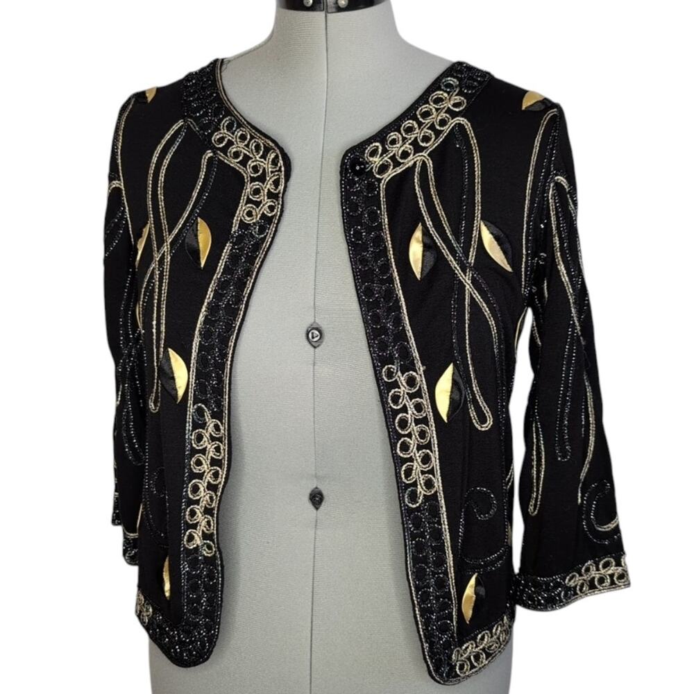 Lauren Michelle Black Gold Embellished Jacket Small Glam Holiday Statement